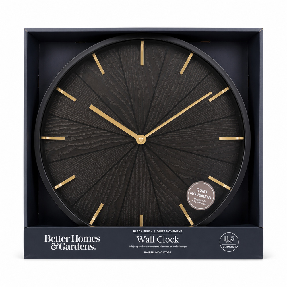 Better Homes & Gardens 11.5" Black Wall Clock Quiet Movement Gold Accents NEW